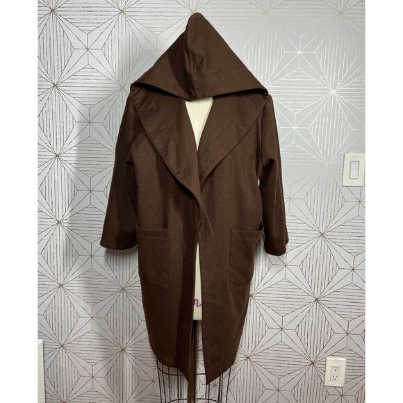 Mya Brown Wool ¾ Sleeve Wrap Hooded Oversized Coat with pockets M - Picture 1 of 16